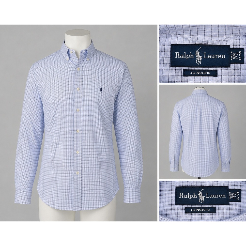 Ralph Lauren Button Down Mens 17.5 34/35 Blue Check Excellent Custom Fit Cotton